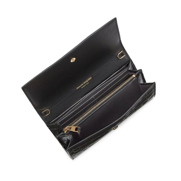 Alexander McQueen Croc-Embossed Leather Wallet-On-Chain Black Gold - Picture 2 of 12